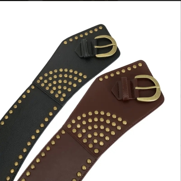 Belt M L Wide Studded Rocker Belts Retro Punk Fashion Brown Black Belt - Picture 6 of 14